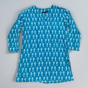 KIKISOL Swim Cover Up 100% Cotton SEAHORSE 3/4 Sleeve Tunic Resort Wear Shirt